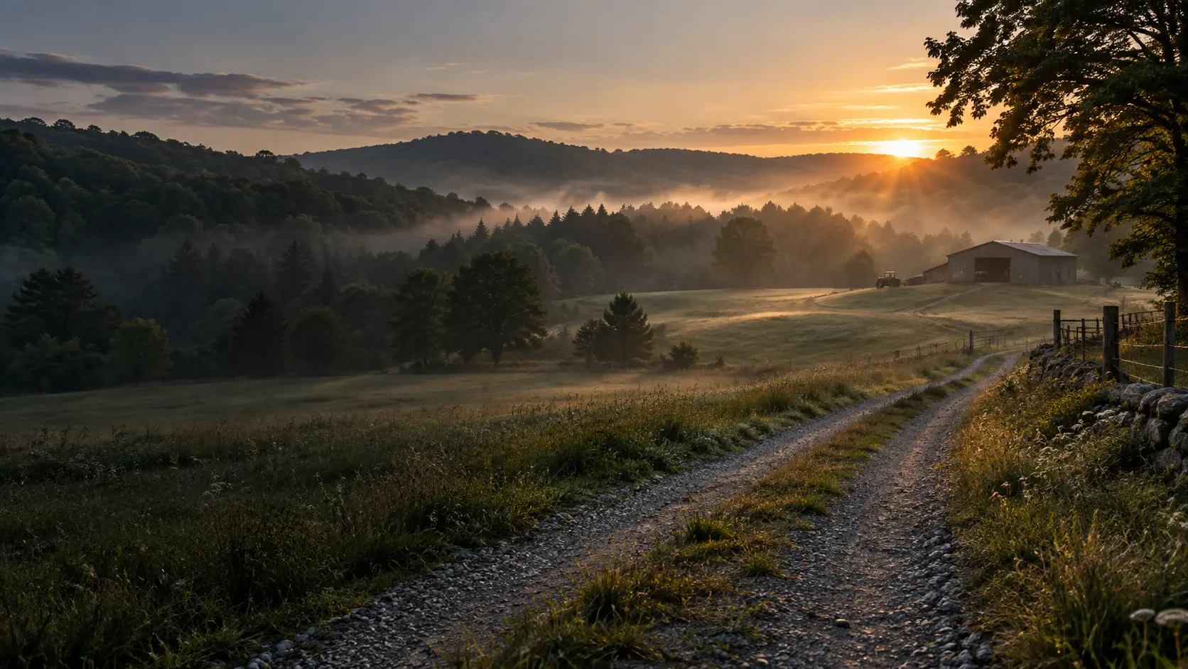 A gravel lane winds through misty wooded hills toward a barn and tractor at sunrise.